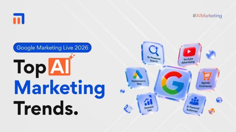 Google Marketing Live 2026 AI marketing trends banner featuring 3D glass-style icons for AI-powered search, Performance Max, Demand Gen, YouTube advertising, agentic commerce, and AI audiences surrounding the Google logo.